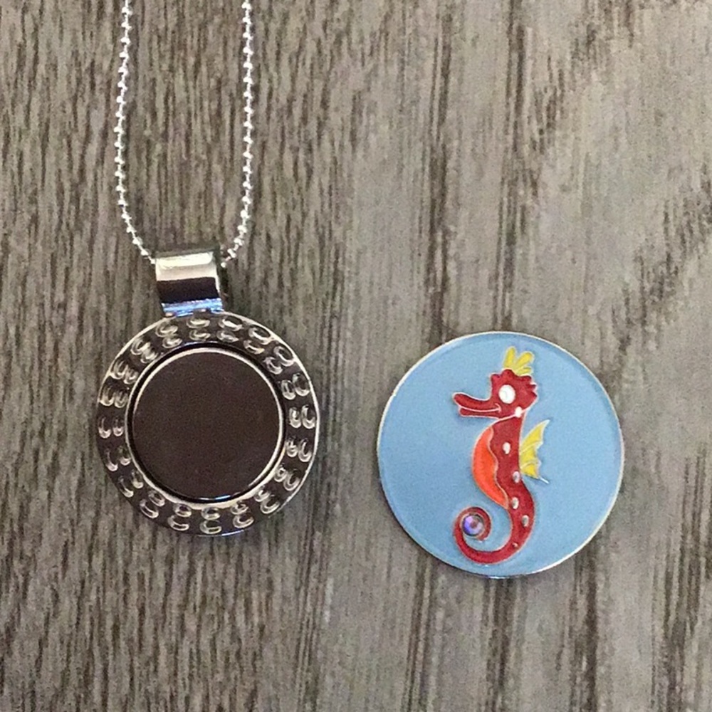 Golf ball marker magnetic necklace. Seahorse coin.